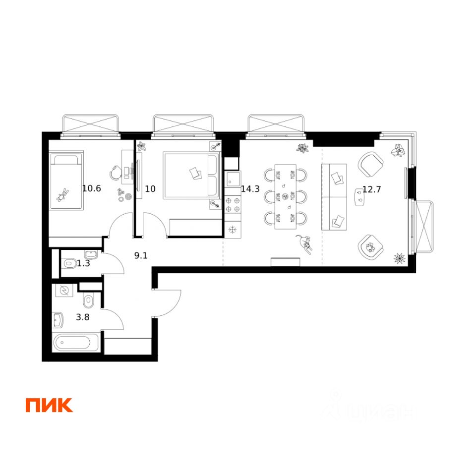 2-комн.кв., 61,8 м², 22/26 этаж