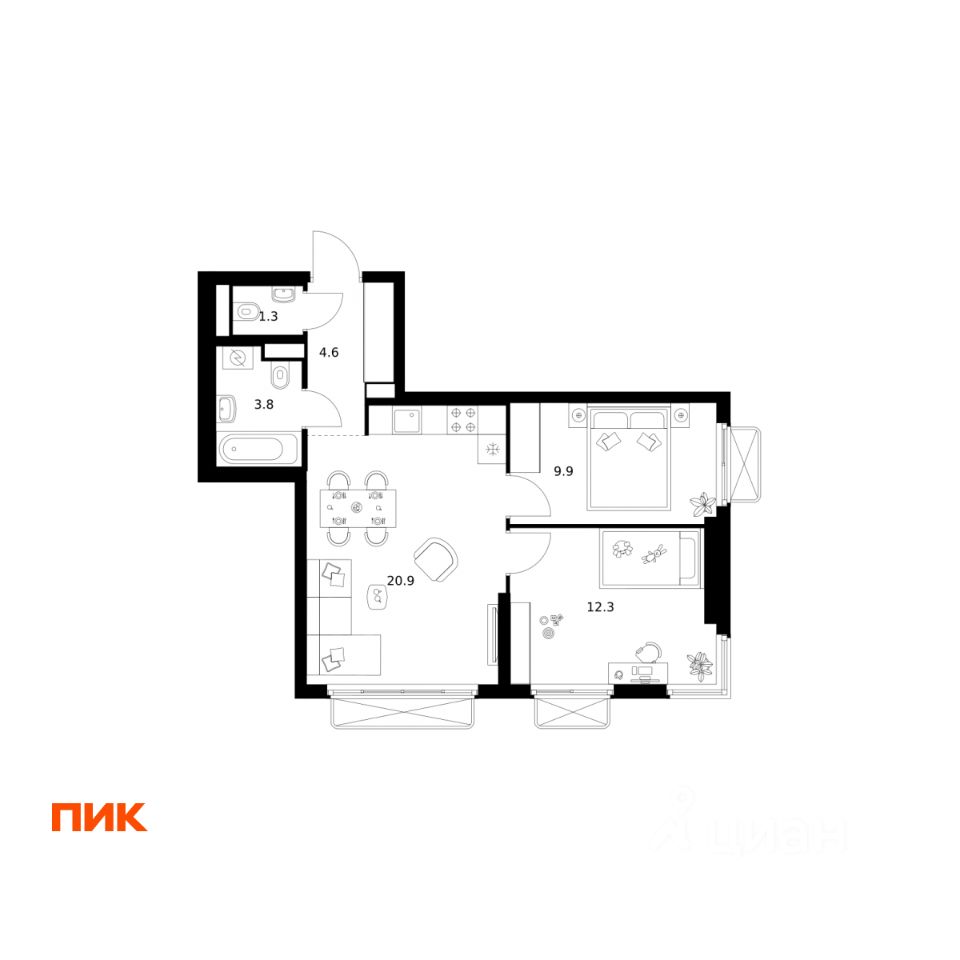 2-комн.кв., 52,8 м², 15/26 этаж