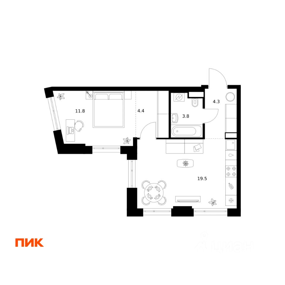 1-комн.кв., 43,8 м², 28/43 этаж