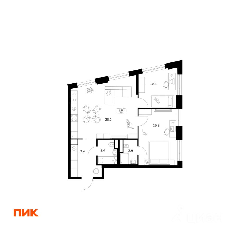 2-комн.кв., 69 м², 11/43 этаж