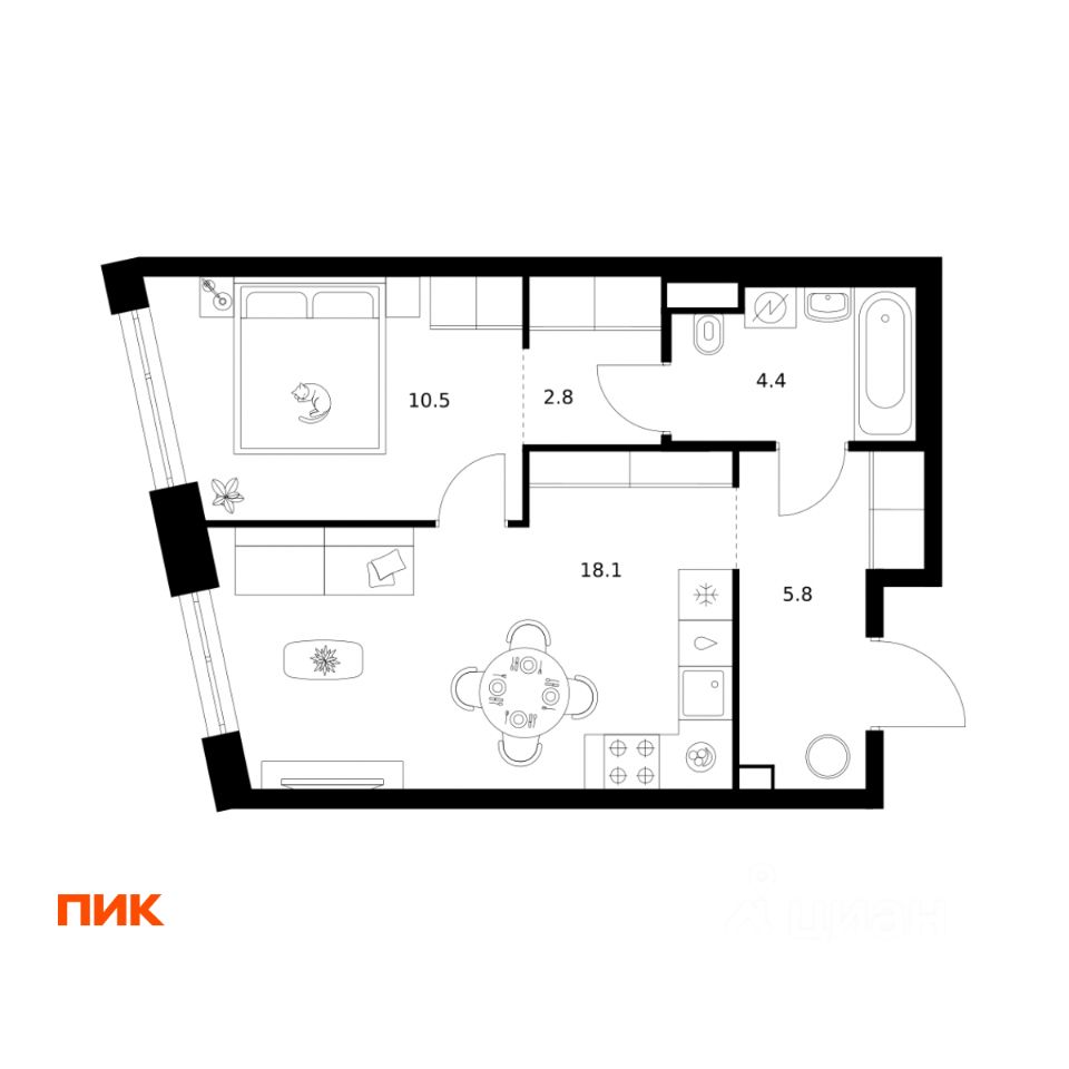 1-комн.кв., 41,6 м², 11/43 этаж