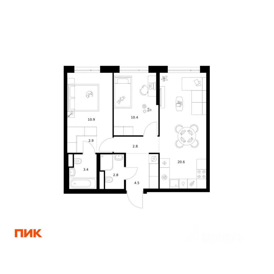 2-комн.кв., 58,3 м², 9/43 этаж