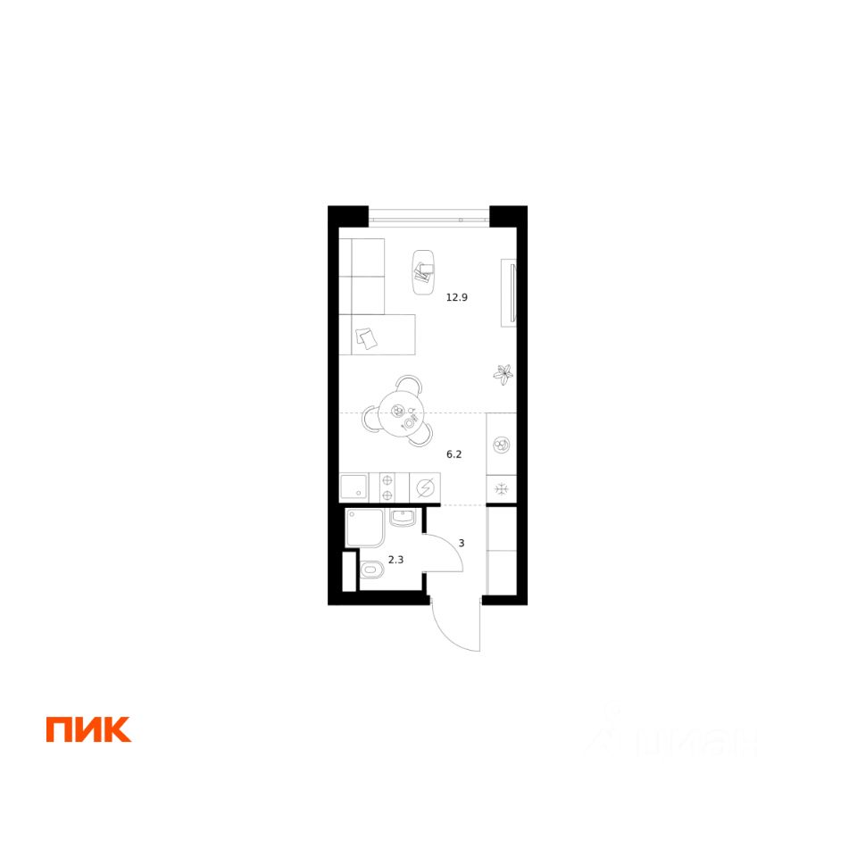 Студия, 24,4 м², 4/43 этаж