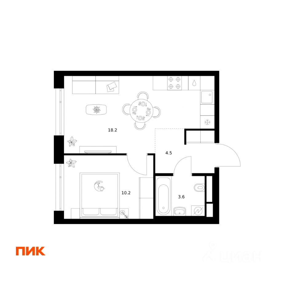 1-комн.кв., 36,5 м², 41/43 этаж