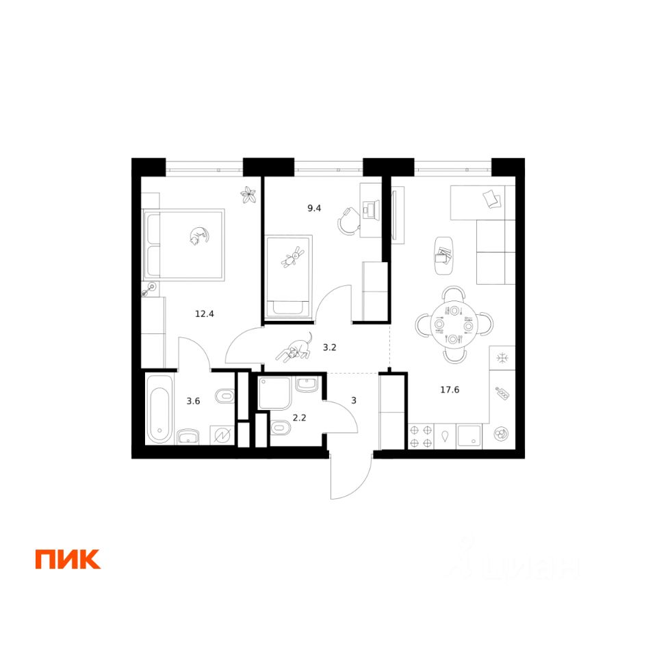 2-комн.кв., 51,4 м², 24/43 этаж