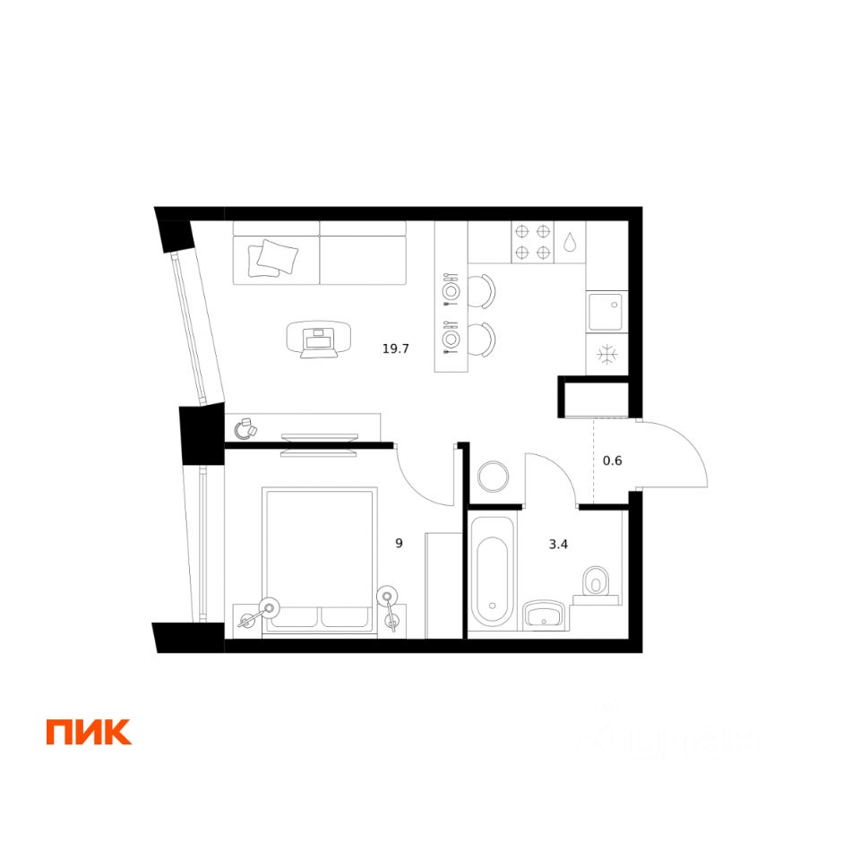 1-комн.кв., 32,7 м², 22/23 этаж