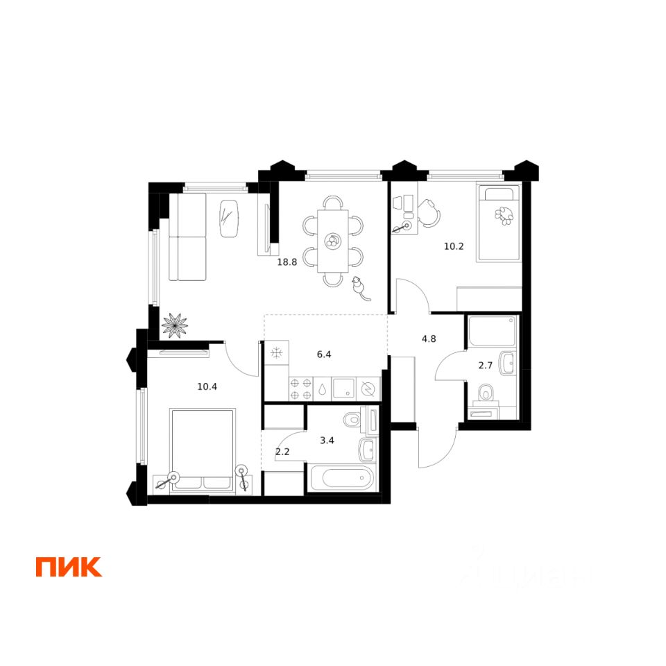 2-комн.кв., 58,9 м², 24/32 этаж