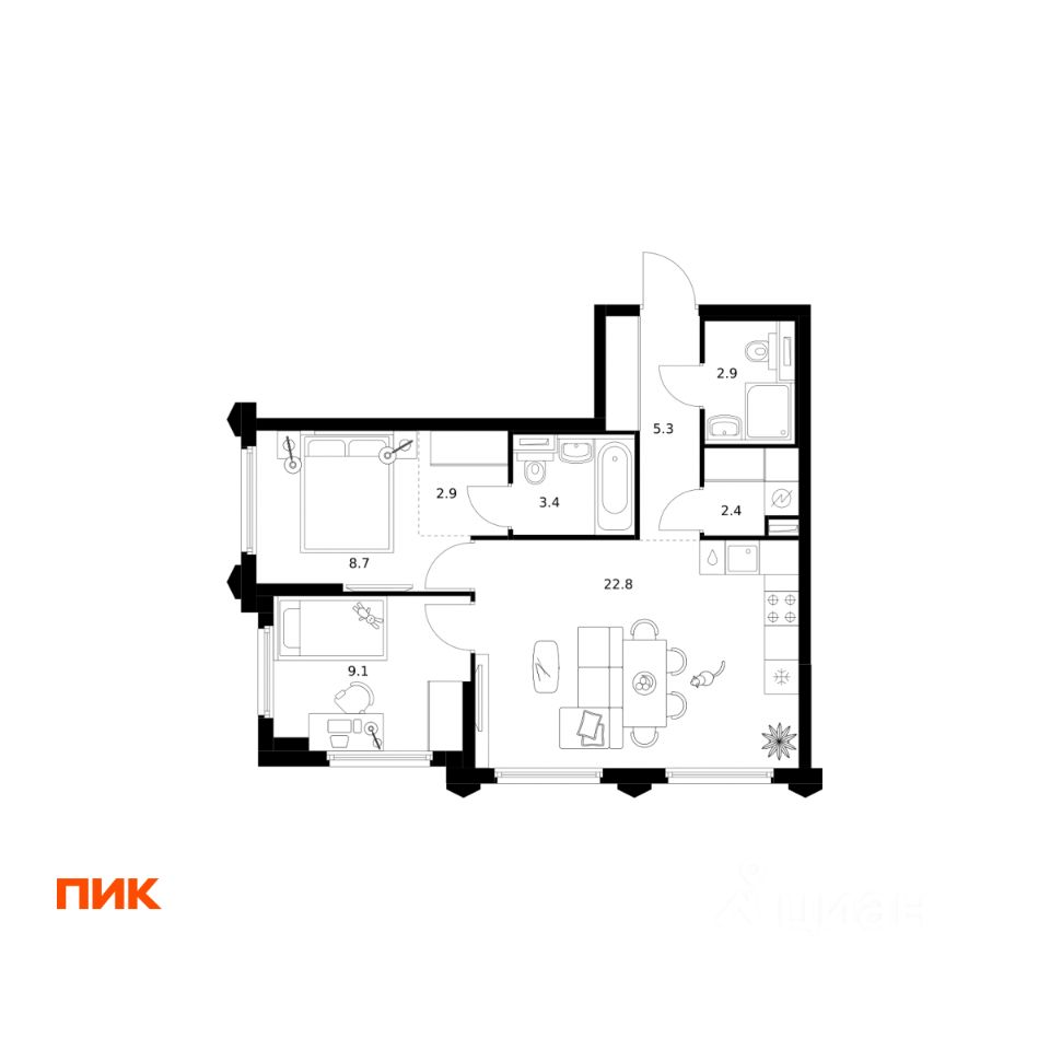 2-комн.кв., 57,5 м², 28/32 этаж