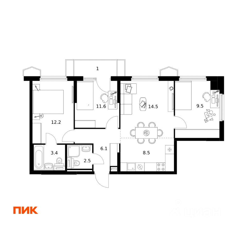 3-комн.кв., 69,3 м², 17/24 этаж