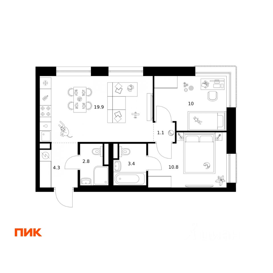2-комн.кв., 52,3 м², 4/37 этаж