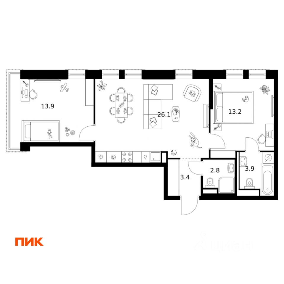 2-комн.кв., 63,3 м², 22/37 этаж