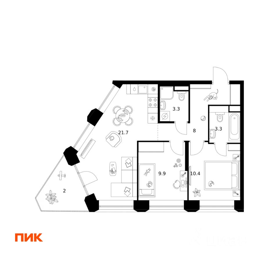 2-комн.кв., 58,6 м², 4/39 этаж