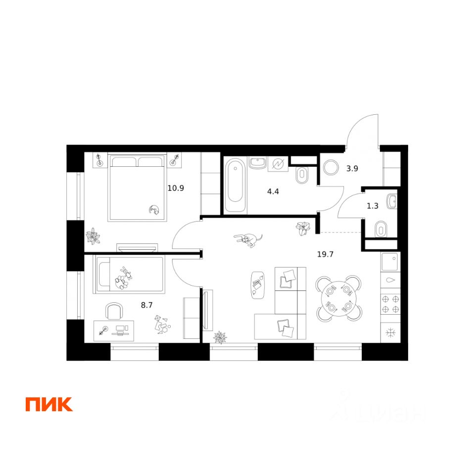 2-комн.кв., 48,9 м², 4/12 этаж