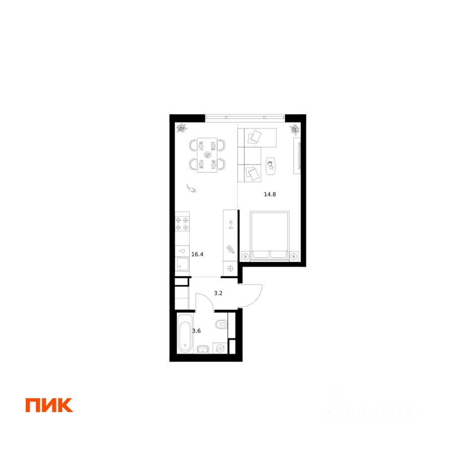 1-комн.кв., 38 м², 6/29 этаж