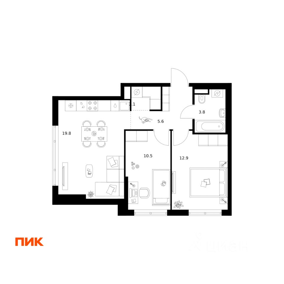 2-комн.кв., 54,7 м², 13/29 этаж