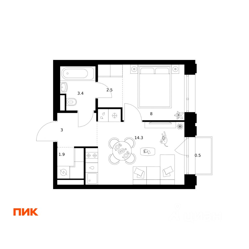 1-комн.кв., 33,6 м², 11/29 этаж