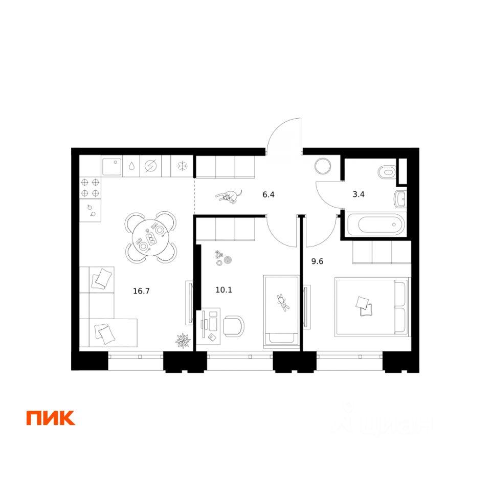 2-комн.кв., 46,2 м², 16/29 этаж