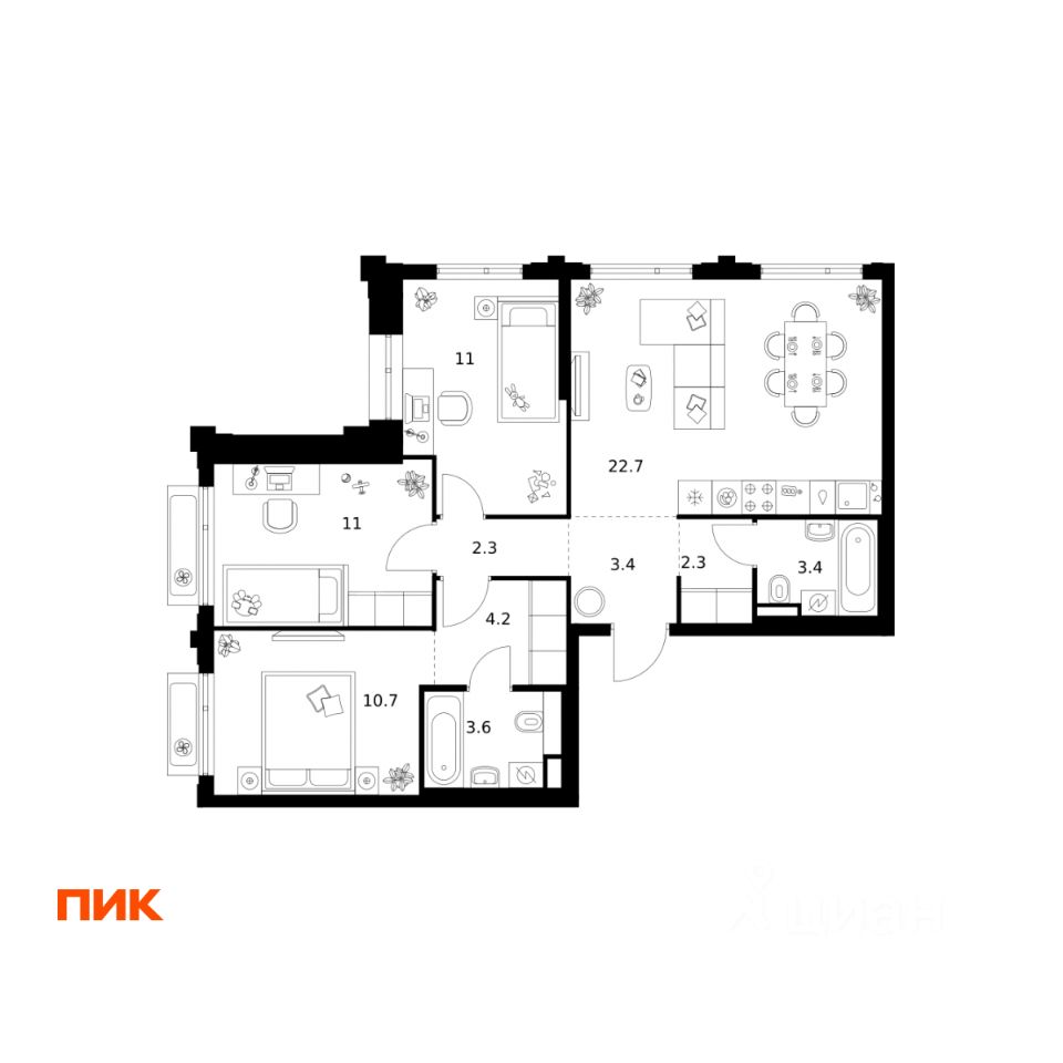 3-комн.кв., 74,6 м², 2/32 этаж