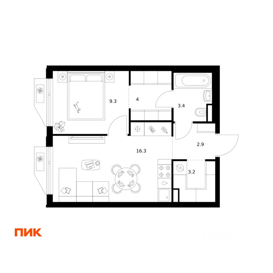 1-комн.кв., 39,1 м², 2/32 этаж