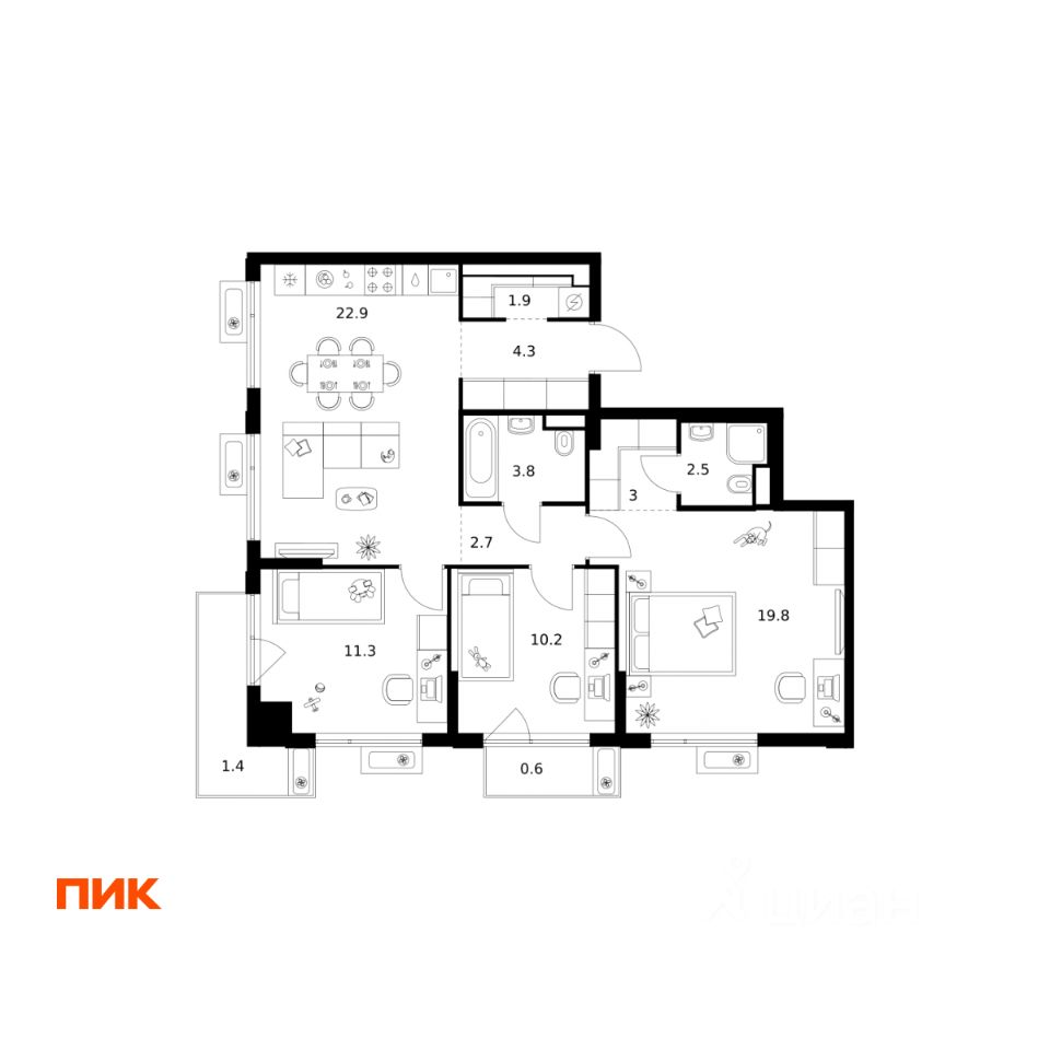 3-комн.кв., 84,4 м², 10/22 этаж