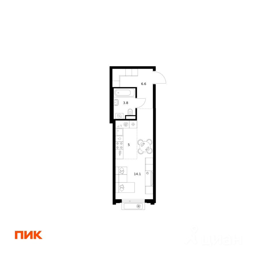 Студия, 29,5 м², 8/32 этаж