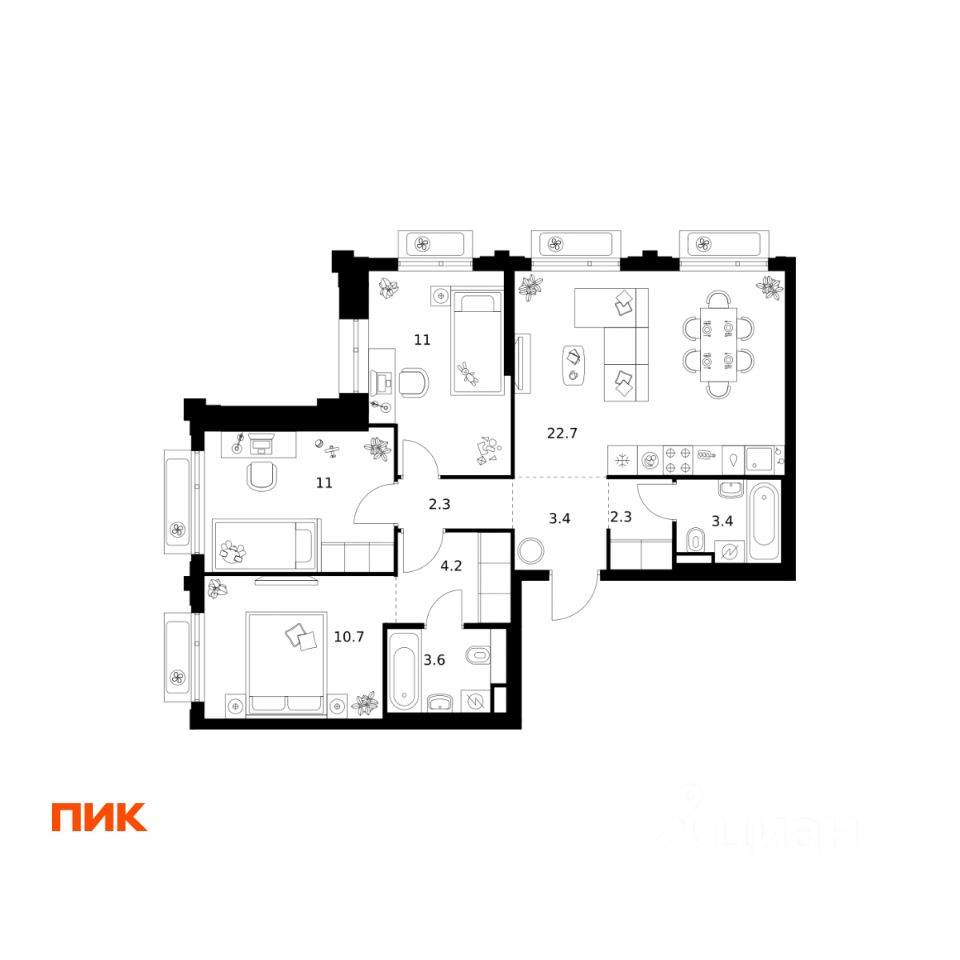 3-комн.кв., 74,6 м², 7/32 этаж