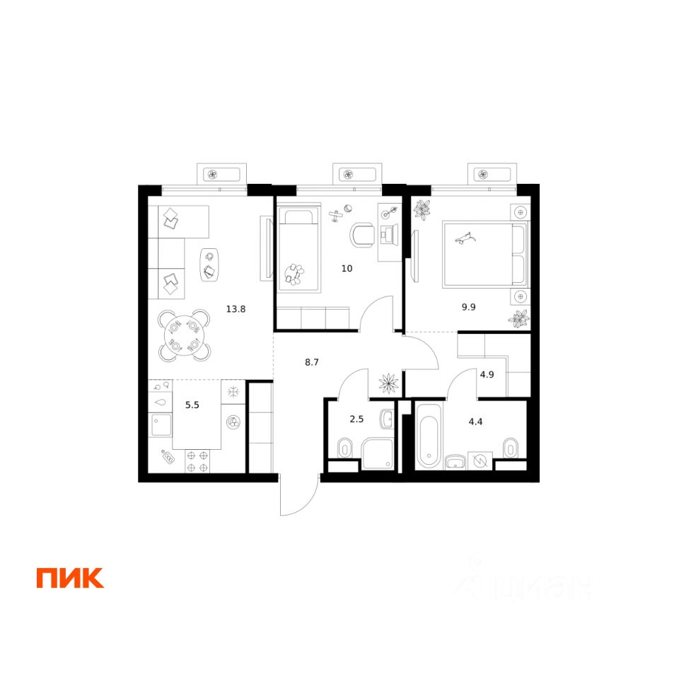 2-комн.кв., 59,7 м², 9/22 этаж