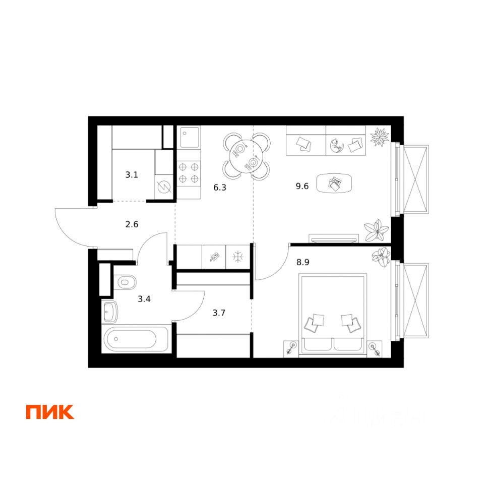 1-комн.кв., 37,6 м², 2/20 этаж