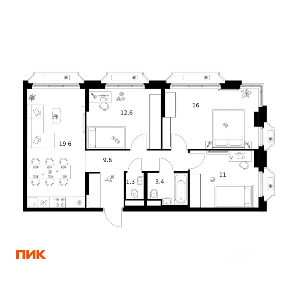 3-комн.кв., 73,5 м², 6/16 этаж