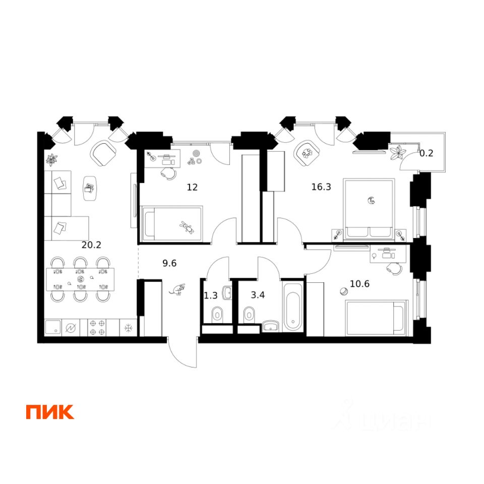 3-комн.кв., 73,6 м², 3/16 этаж
