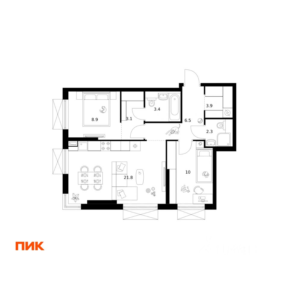 2-комн.кв., 59,9 м², 23/30 этаж