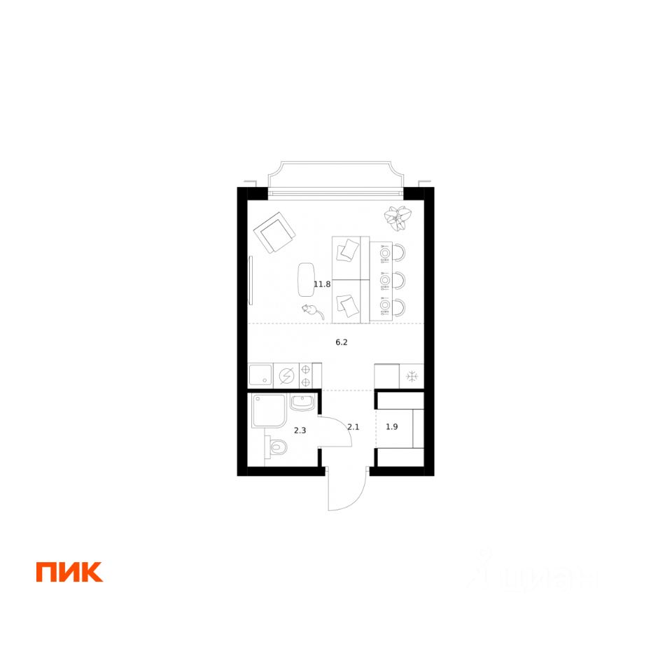 Студия, 24,3 м², 9/19 этаж