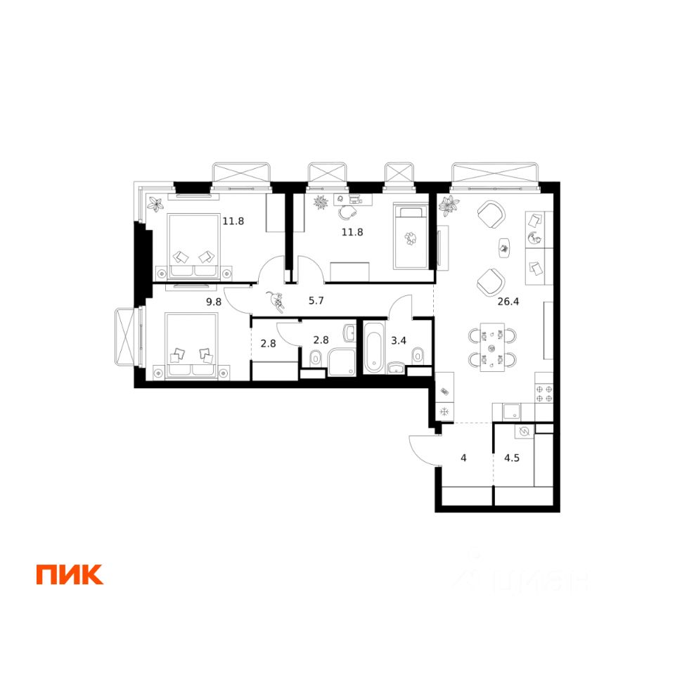 3-комн.кв., 83 м², 2/26 этаж