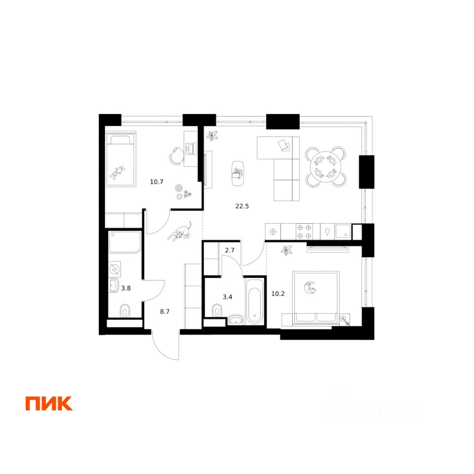 2-комн.кв., 62 м², 25/43 этаж