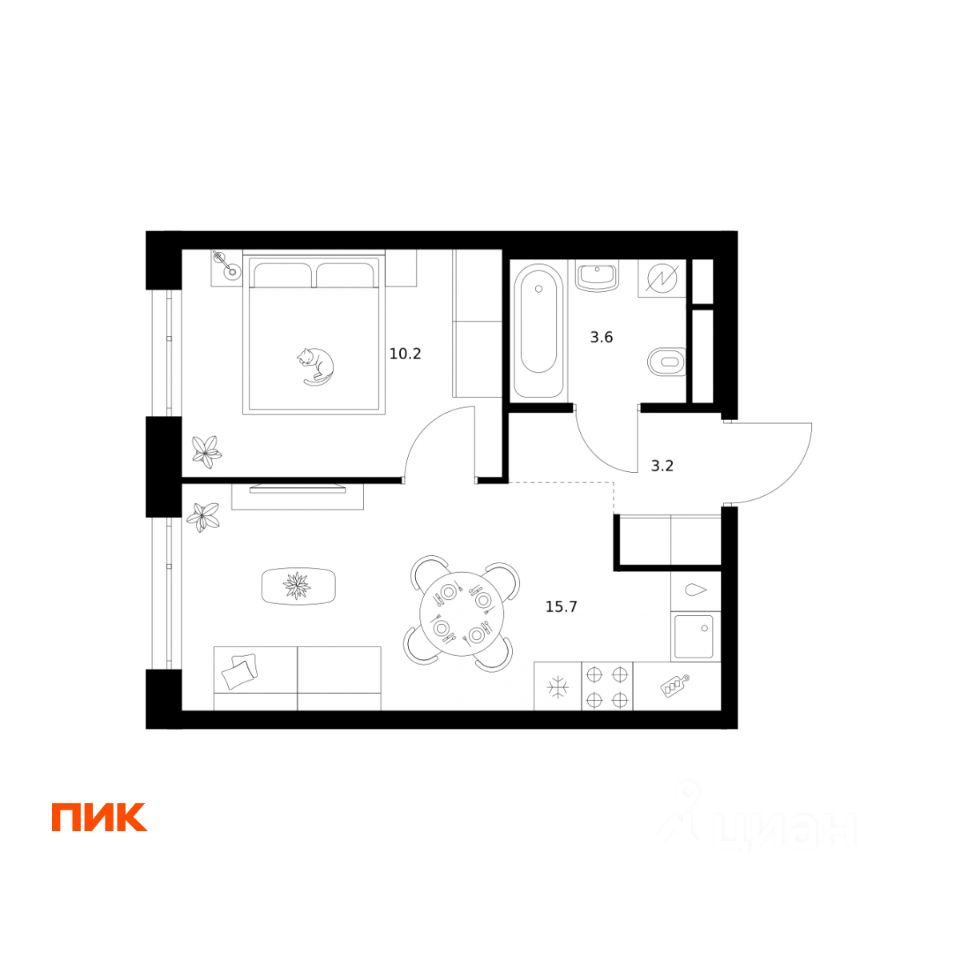 1-комн.кв., 32,7 м², 12/43 этаж