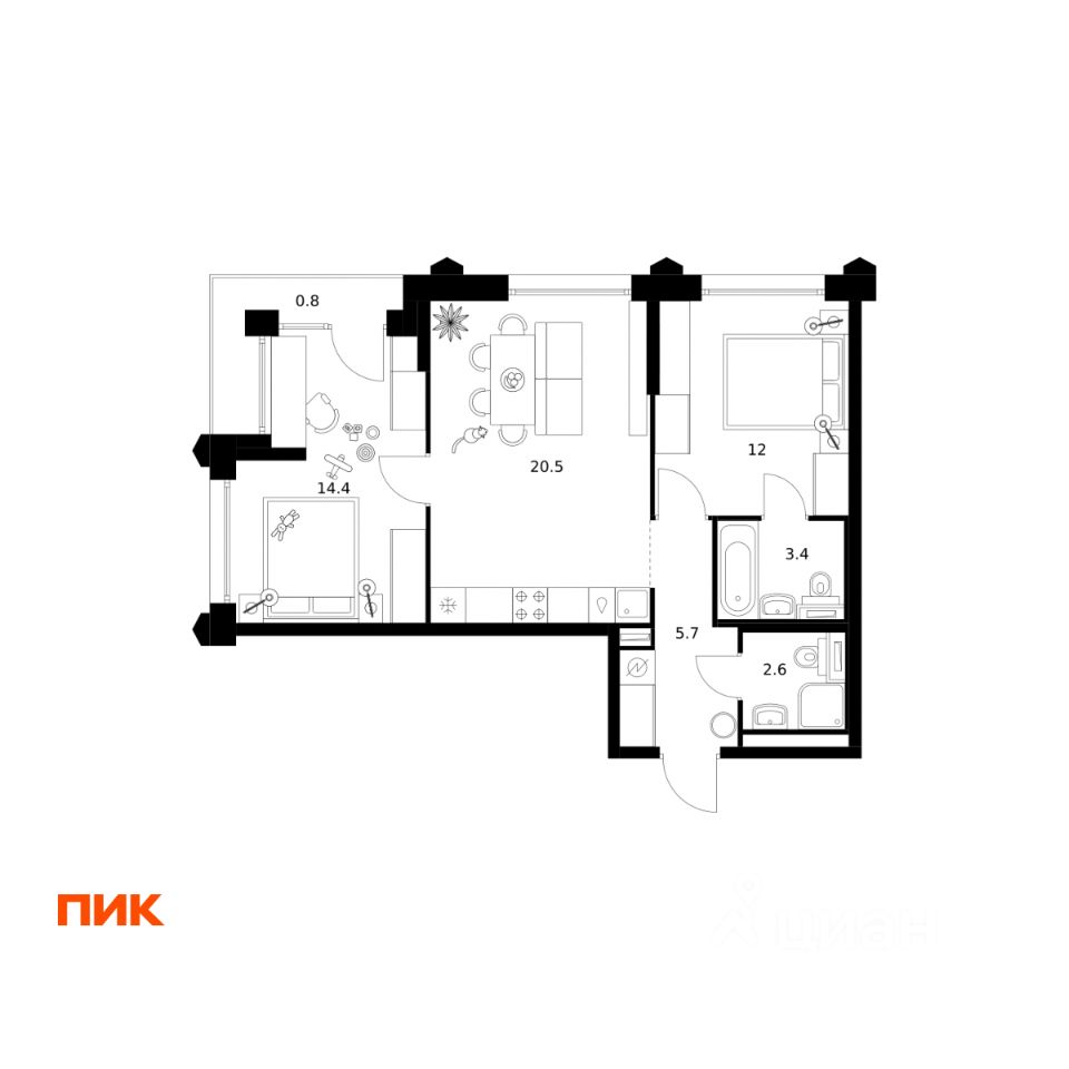 2-комн.кв., 59,4 м², 17/32 этаж