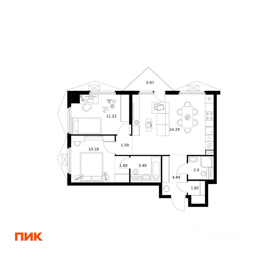 2-комн.кв., 62,8 м², 17/20 этаж