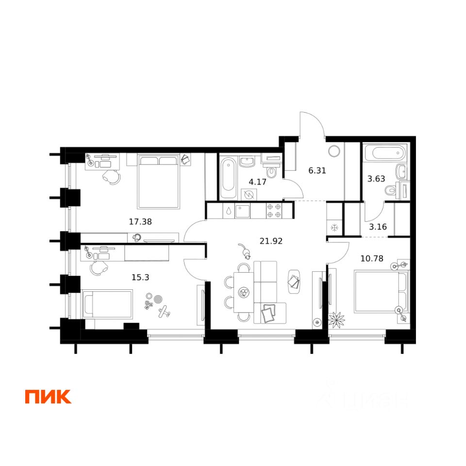 3-комн.кв., 82,7 м², 22/32 этаж