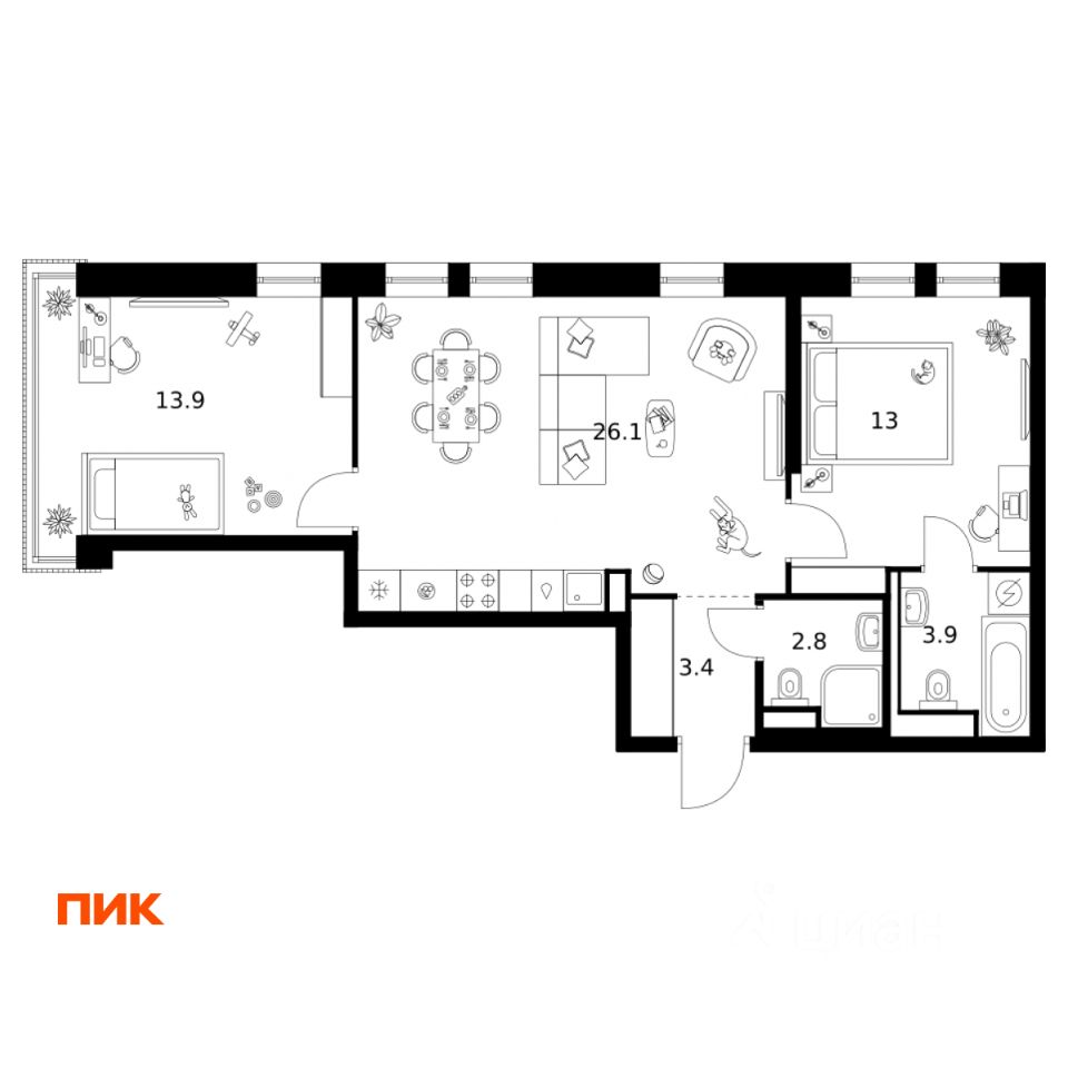 2-комн.кв., 63,1 м², 4/37 этаж