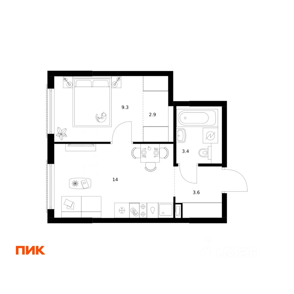1-комн.кв., 33,2 м², 12/17 этаж