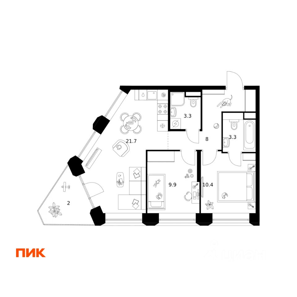 2-комн.кв., 58,6 м², 2/39 этаж