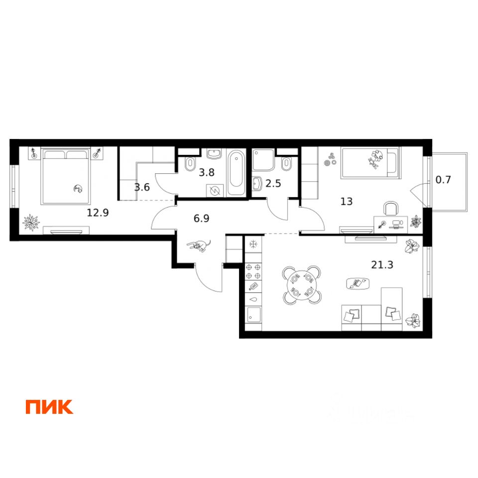 2-комн.кв., 64,7 м², 8/14 этаж