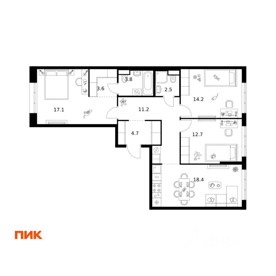 3-комн.кв., 88,2 м², 4/12 этаж