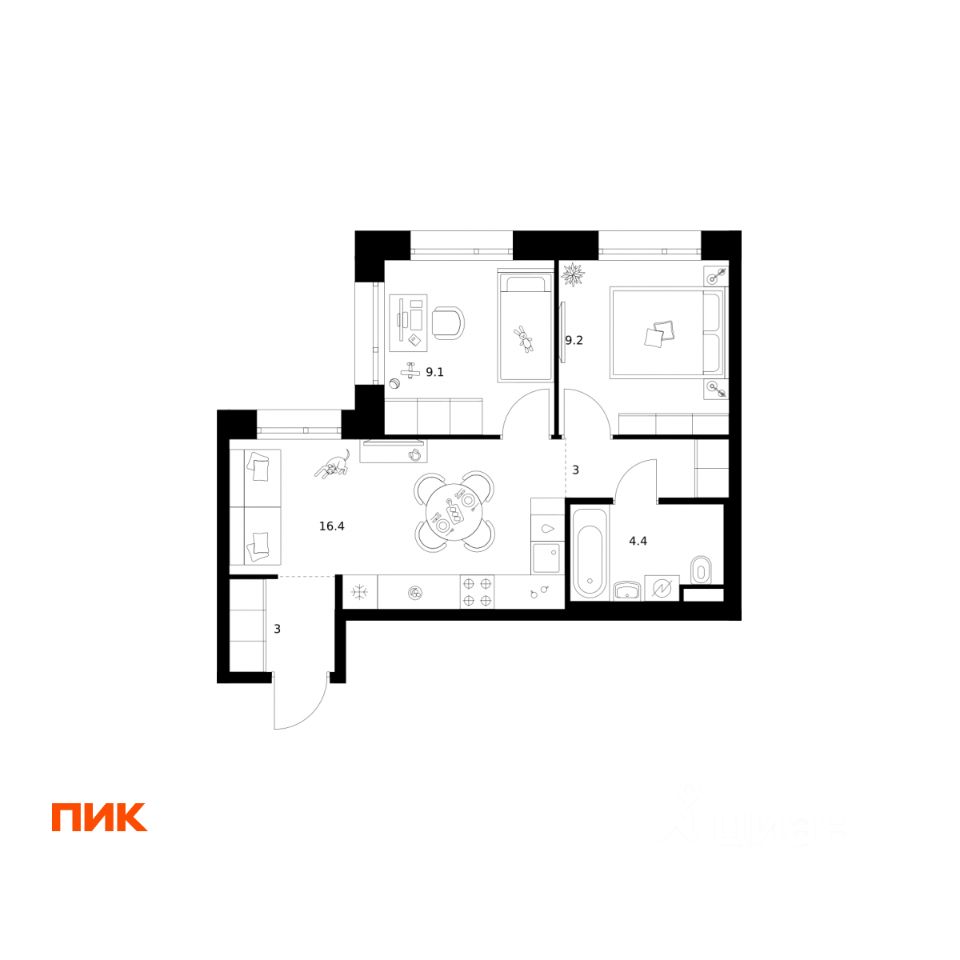 2-комн.кв., 45,1 м², 23/29 этаж