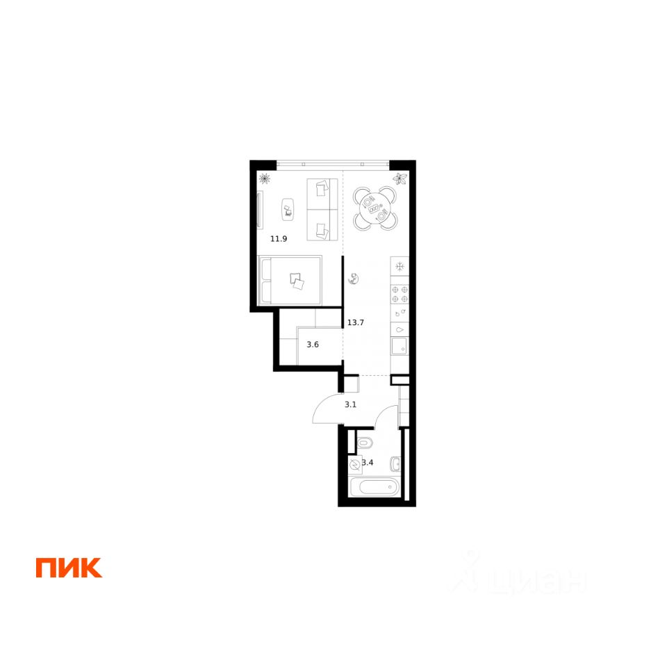 1-комн.кв., 35,7 м², 3/29 этаж