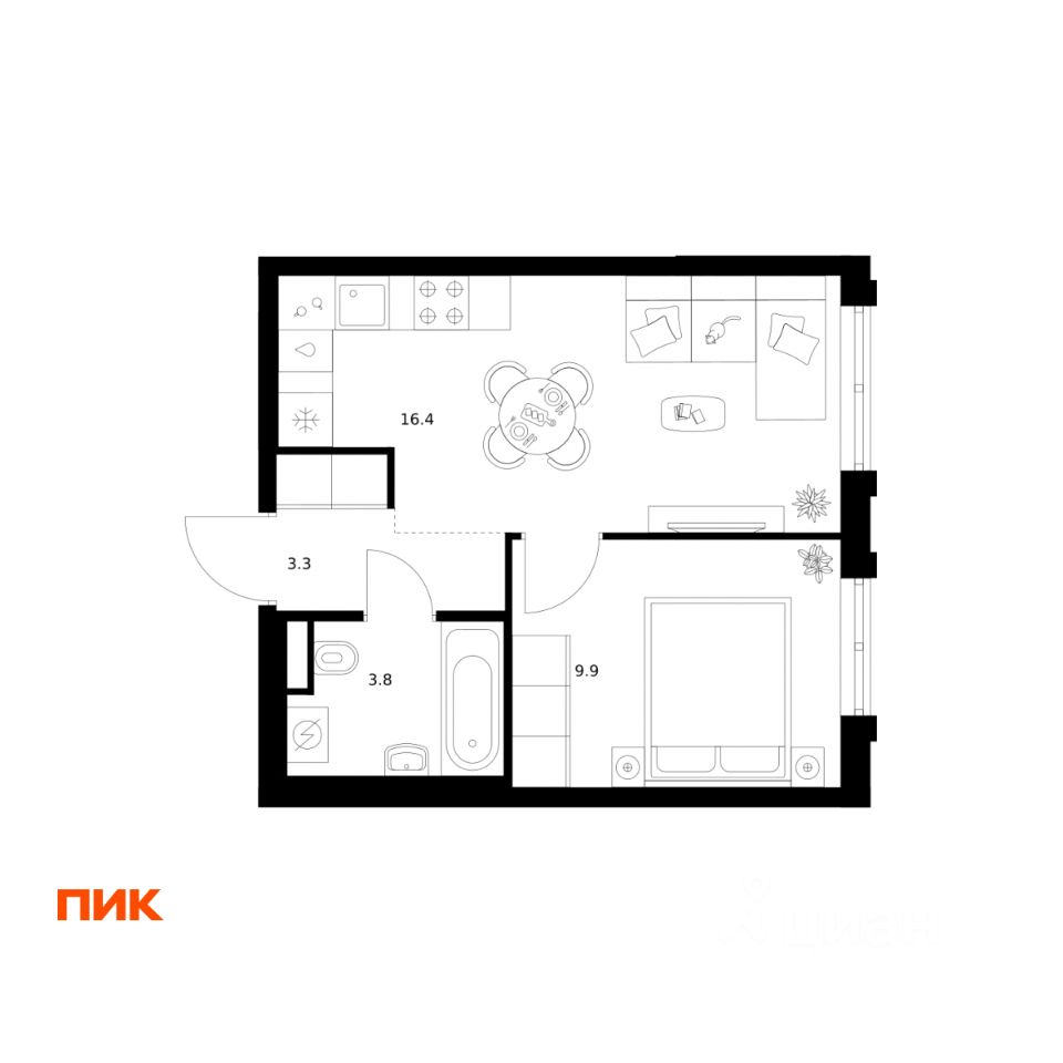 1-комн.кв., 33,4 м², 18/29 этаж