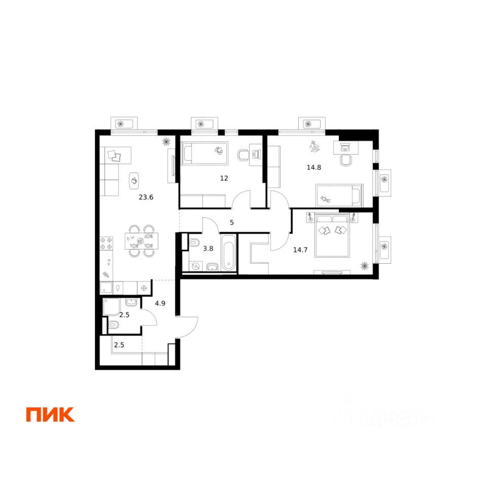 3-комн.кв., 83,8 м², 21/24 этаж