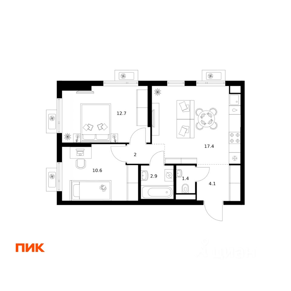 2-комн.кв., 51,1 м², 14/24 этаж