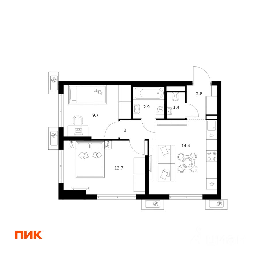 2-комн.кв., 45,9 м², 20/24 этаж