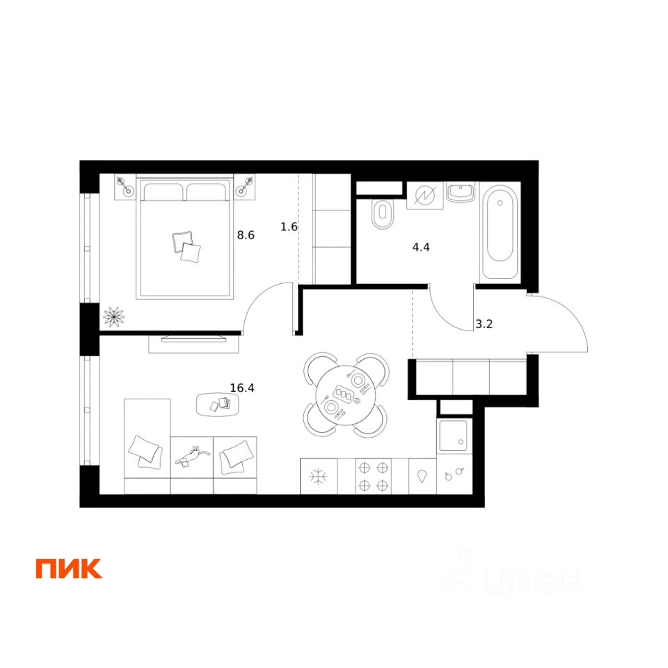 1-комн.кв., 34,2 м², 9/29 этаж